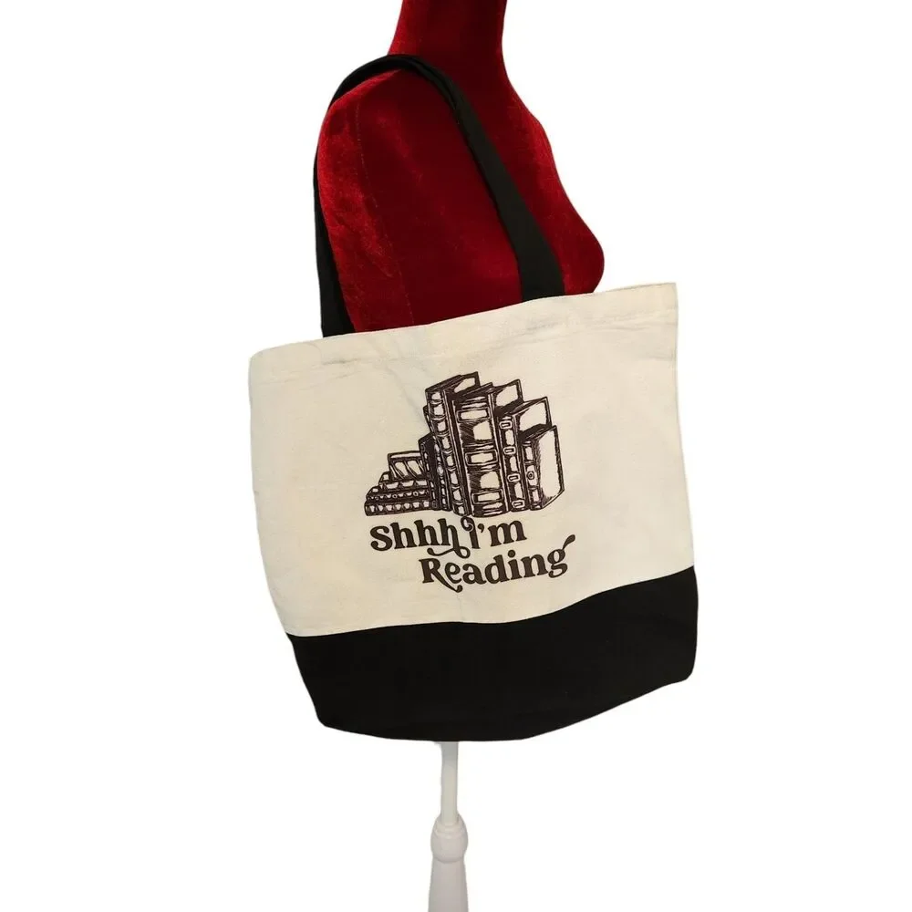Shhh Im Reading Canvas Tote Bag & Pouch Set Zipper Book Lover Gift Bookworm 2pc